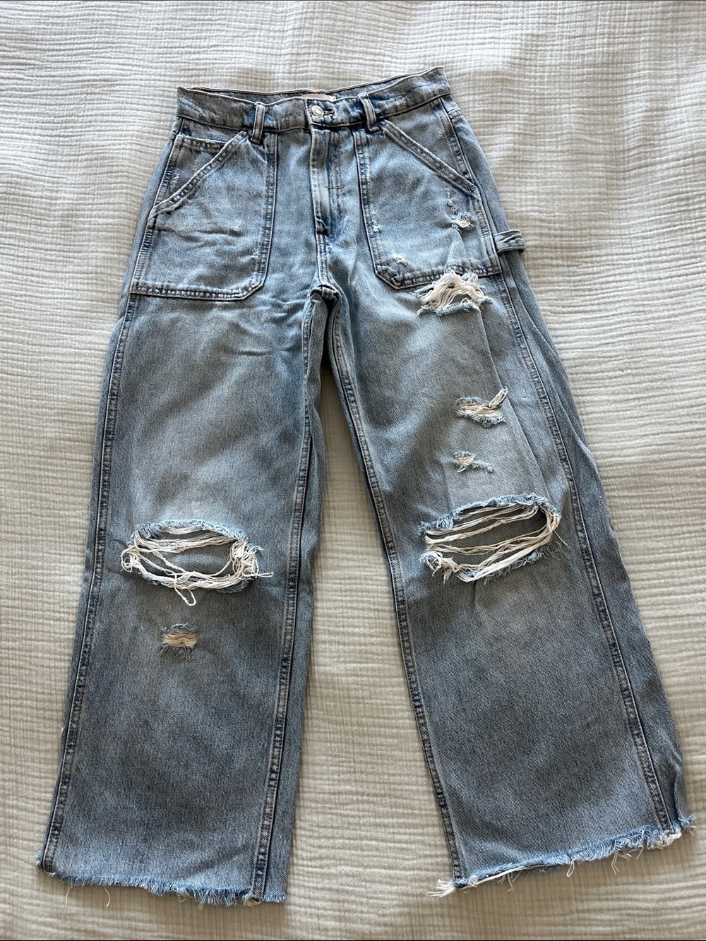ZARA Wide Leg Distressed Utility Jeans - Picture 1 of 4